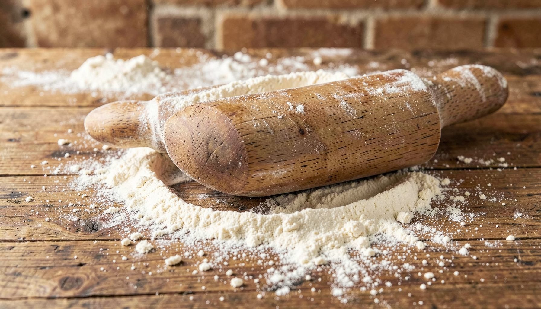 A rustic wooden tabletop scattered with flour and a rolling pin, warm brown and cream tones, homestyle bakery mood