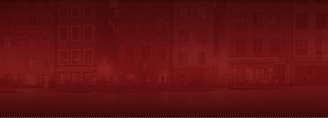 Faded red-toned illustration of a row of city buildings with windows and storefronts