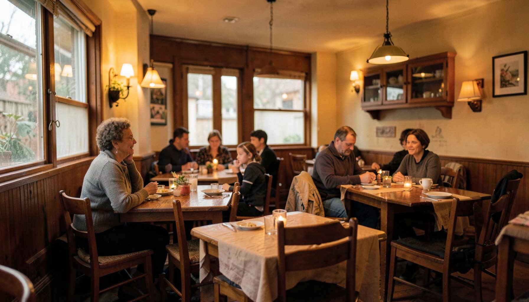 Warm interior of a cozy family restaurant with wooden tables and soft amber lighting